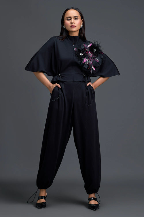 Black Feather Crystal Shoulder Jumpsuit