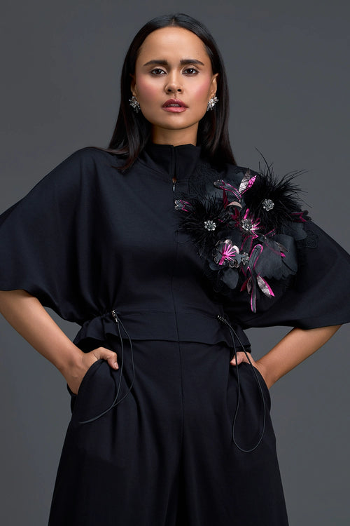 Black Feather Crystal Shoulder Jumpsuit