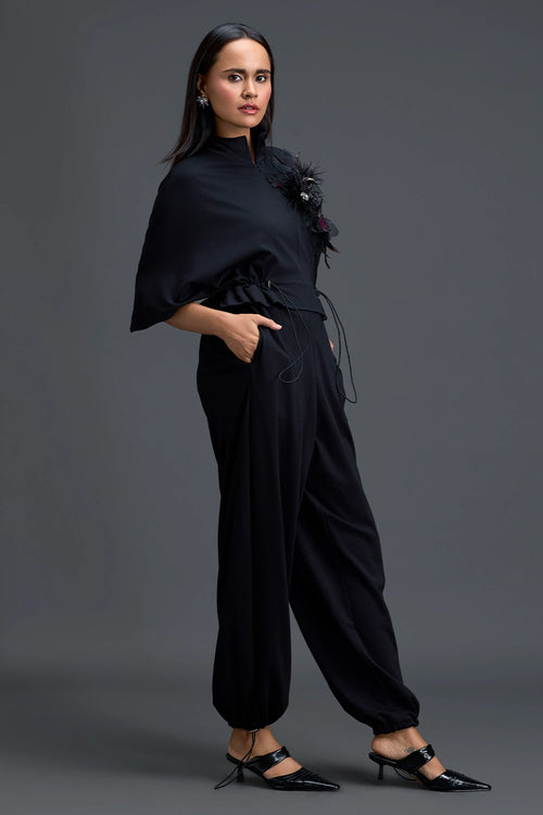 Black Feather Crystal Shoulder Jumpsuit