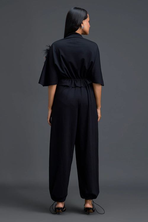 Black Feather Crystal Shoulder Jumpsuit