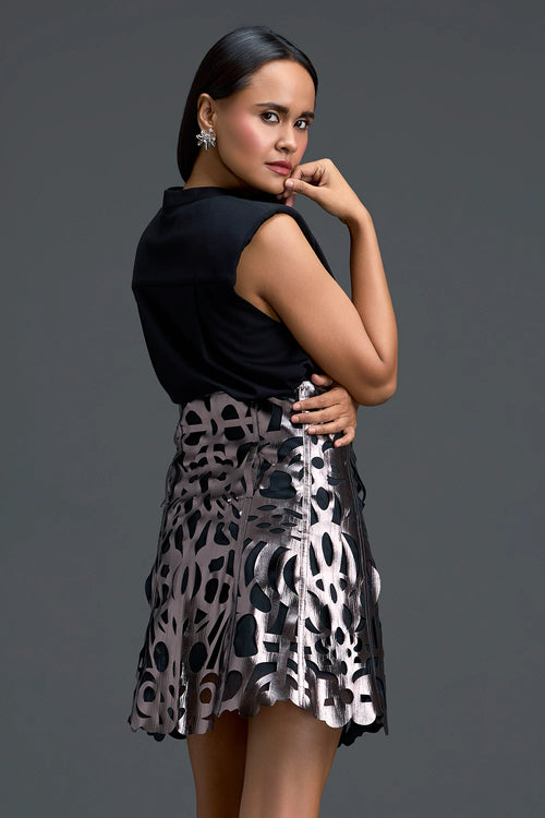 Black Top and Bronze Metallic Cutout Mini Skirt Set