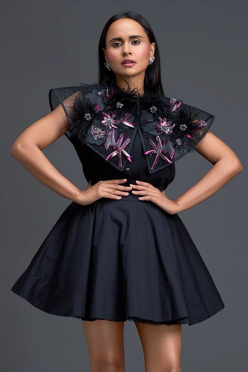 Black Dress with Oversized Feather Crystal Collar