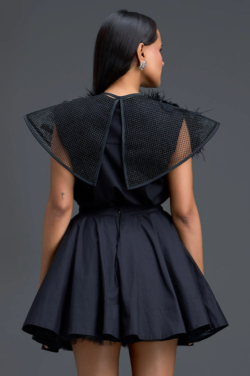 Black Dress with Oversized Feather Crystal Collar
