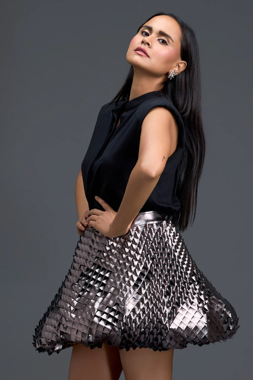 Black Top and Metallic Quilted Bubble Skirt Set