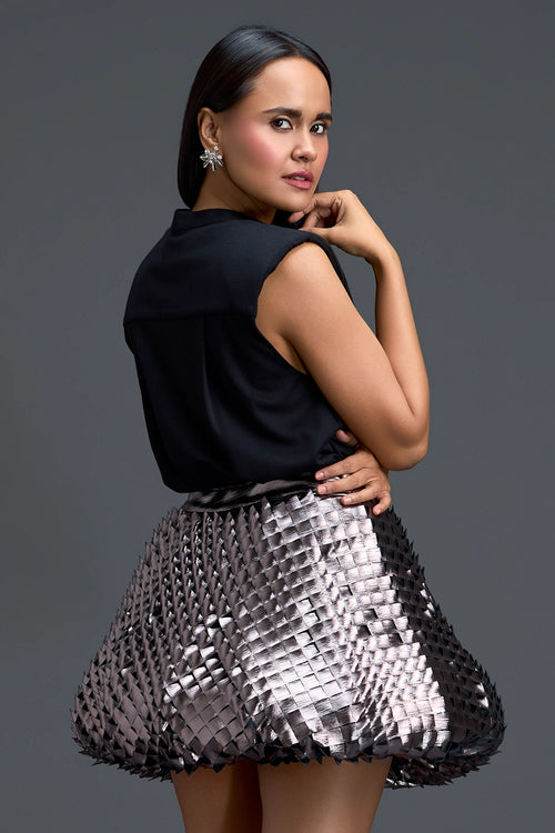 Black Top and Metallic Quilted Bubble Skirt Set