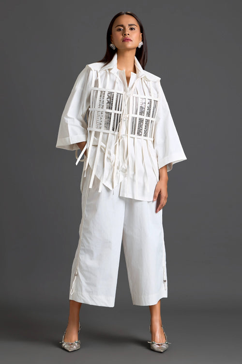 White Structured Cage Shirt and Wide-Leg Pants Set
