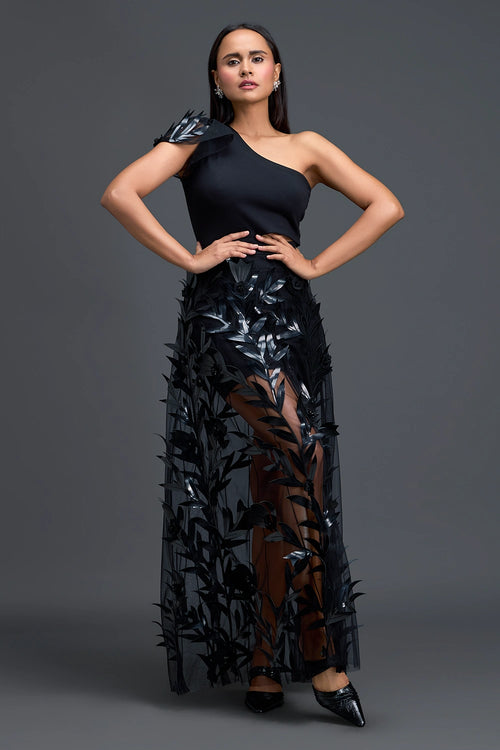 Black One-Shoulder Leaf Embroidered Sheer Skirt Set