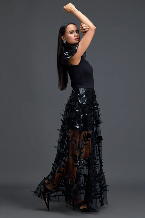 Black One-Shoulder Leaf Embroidered Sheer Skirt Set