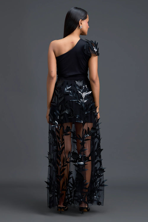 Black One-Shoulder Leaf Embroidered Sheer Skirt Set