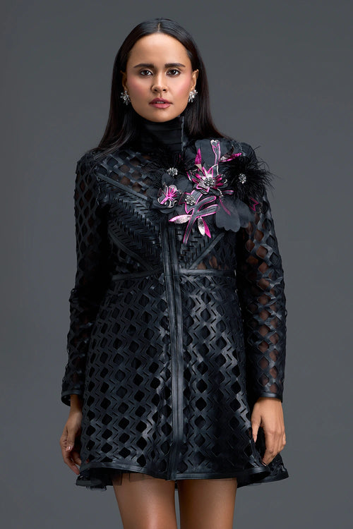 Black Lattice Mini Dress with Floral Shoulder Accent