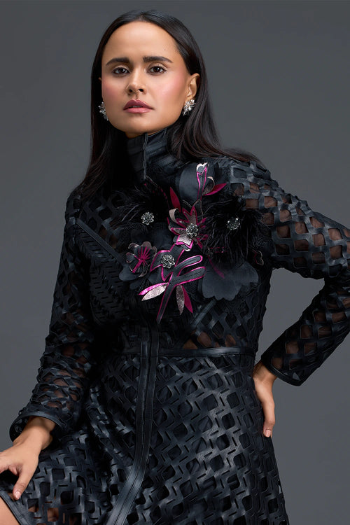 Black Lattice Mini Dress with Floral Shoulder Accent