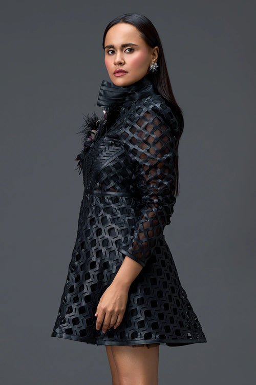 Black Lattice Mini Dress with Floral Shoulder Accent