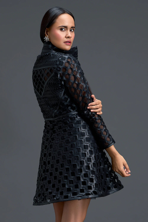 Black Lattice Mini Dress with Floral Shoulder Accent