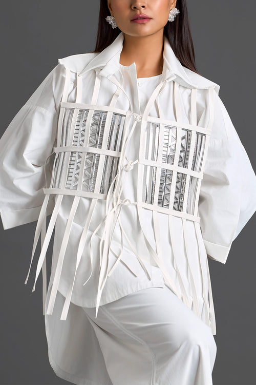 White Structured Cage Shirt and Wide-Leg Pants Set