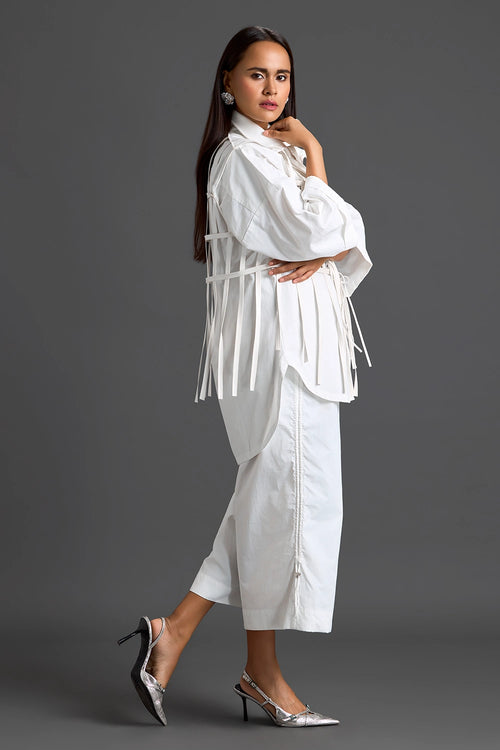 White Structured Cage Shirt and Wide-Leg Pants Set