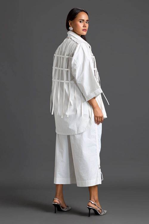 White Structured Cage Shirt and Wide-Leg Pants Set