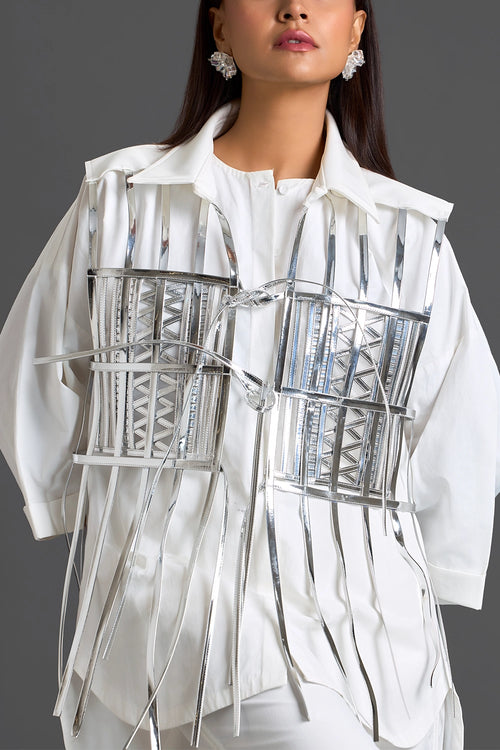 Silver Cage Panel Shirt and Wide-Leg Pants Set