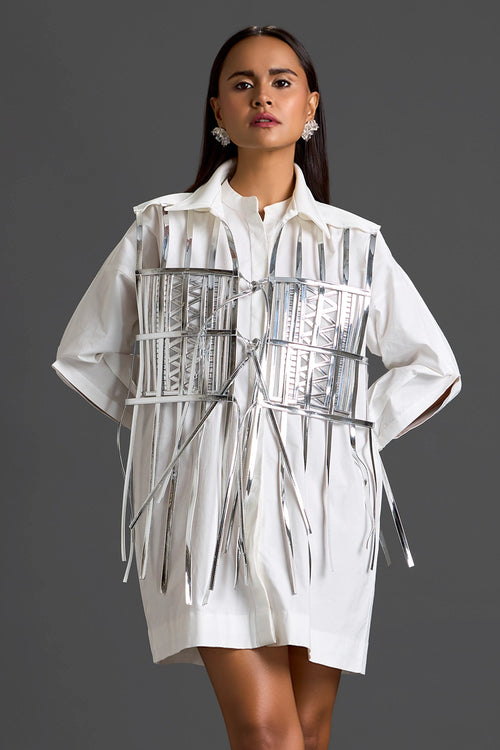 White Shirt Dress with Silver Metallic Cage Panel