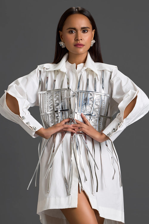 White Shirt Dress with Silver Metallic Cage Panel