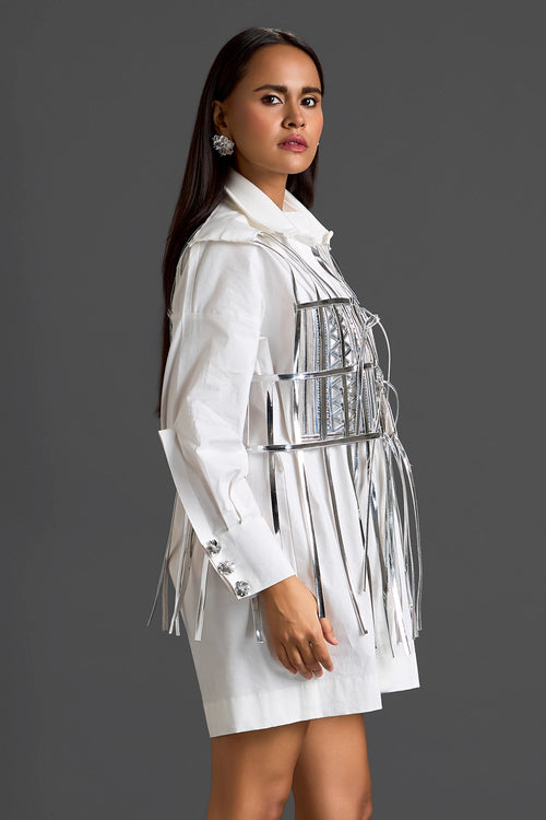 White Shirt Dress with Silver Metallic Cage Panel