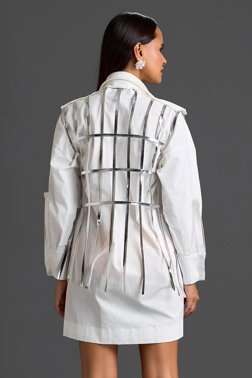 White Shirt Dress with Silver Metallic Cage Panel