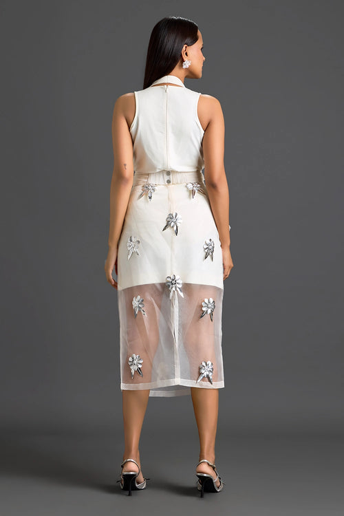 White Halter Top and Silver Floral Sheer Skirt Set