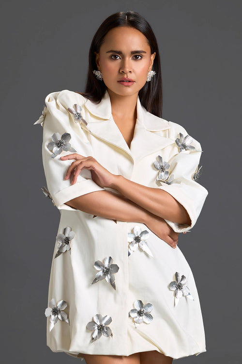 White 3D Floral Blazer Dress