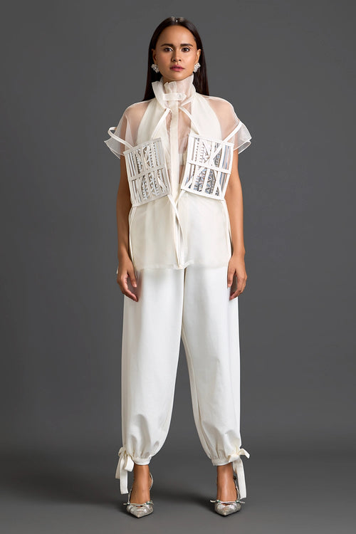 White Sheer Structured Top And Tapered Pants Set