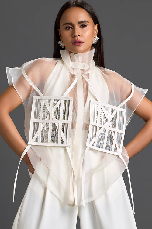 White Sheer Structured Top And Tapered Pants Set