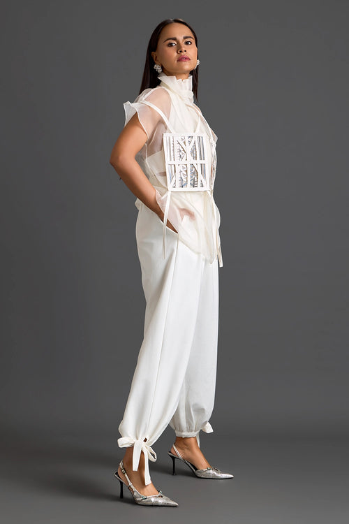 White Sheer Structured Top And Tapered Pants Set