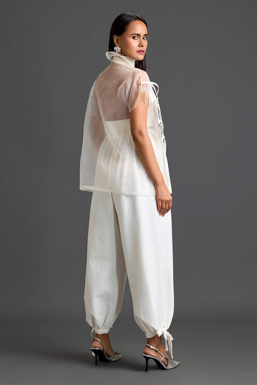 White Sheer Structured Top And Tapered Pants Set