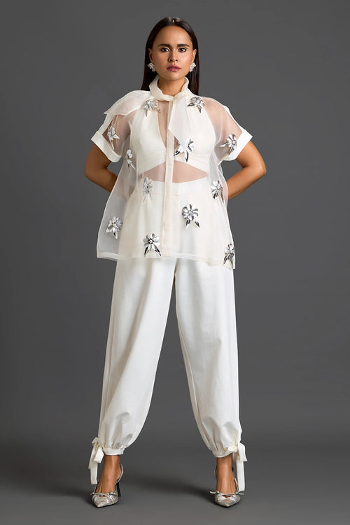 White Sheer Floral Top and Tapered Pants Set