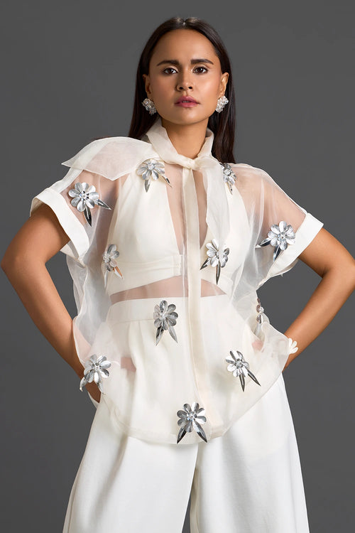White Sheer Floral Top and Tapered Pants Set