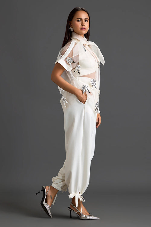 White Sheer Floral Top and Tapered Pants Set