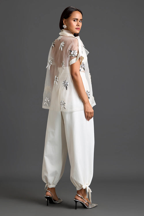 White Sheer Floral Top and Tapered Pants Set