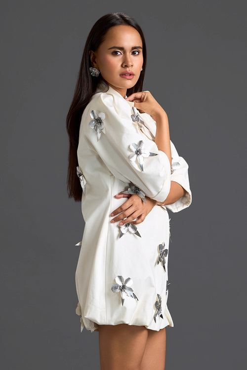 White 3D Floral Blazer Dress