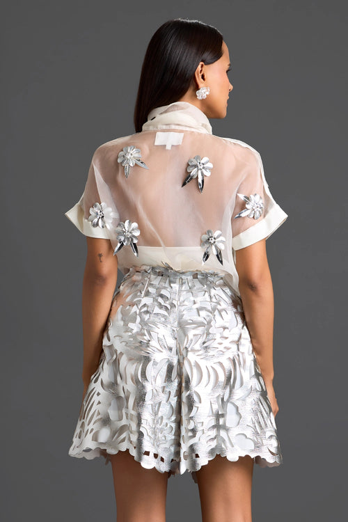 White Sheer Floral Top and Silver Cutout Shorts Set