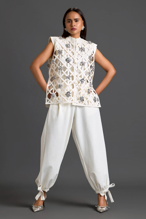 White Lattice Floral Vest And Tapered Pants Set