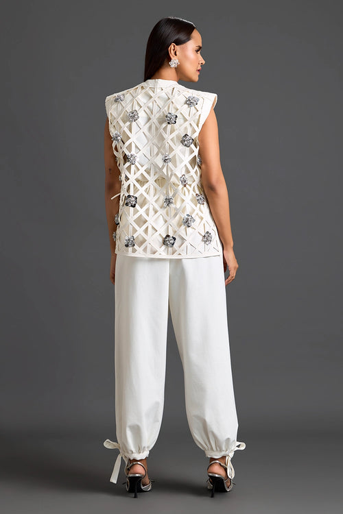 White Lattice Floral Vest And Tapered Pants Set