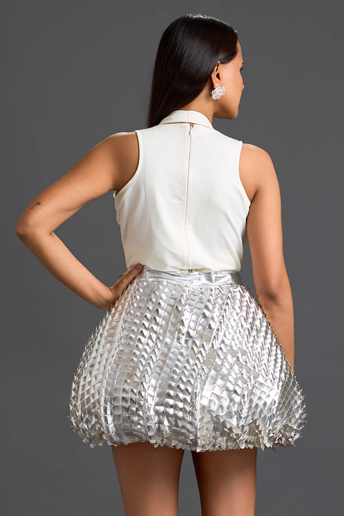 White V-Neck Top and Silver Quilted Bubble Skirt Set