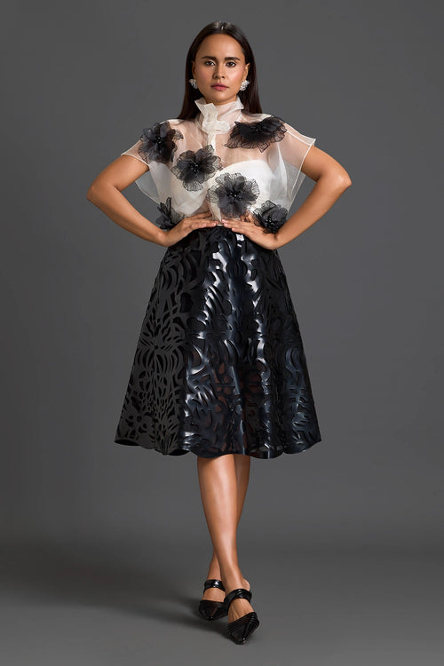 Sheer Floral Top and Black Laser-Cut Skirt Set