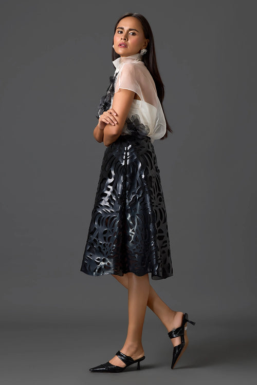 Sheer Floral Top and Black Laser-Cut Skirt Set