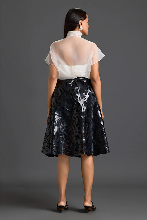 Sheer Floral Top and Black Laser-Cut Skirt Set