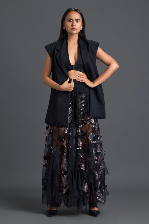 Black Sleeveless Vest and Metallic Leaf Tulle Skirt Set