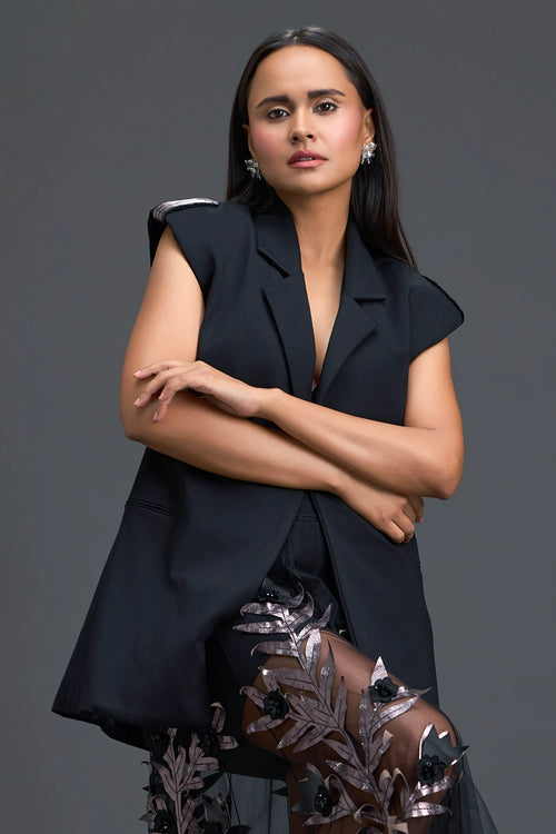 Black Sleeveless Vest and Metallic Leaf Tulle Skirt Set