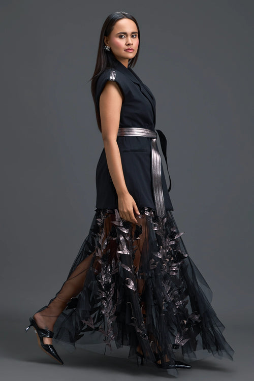 Black Sleeveless Vest and Metallic Leaf Tulle Skirt Set