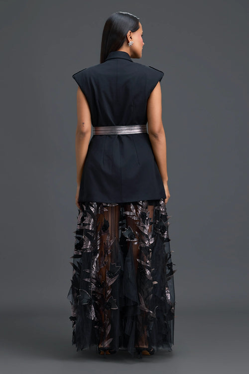 Black Sleeveless Vest and Metallic Leaf Tulle Skirt Set