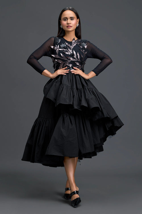Black Sheer Metallic Leaf Tiered Dress