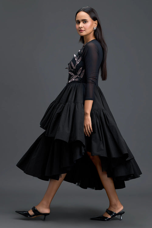 Black Sheer Metallic Leaf Tiered Dress