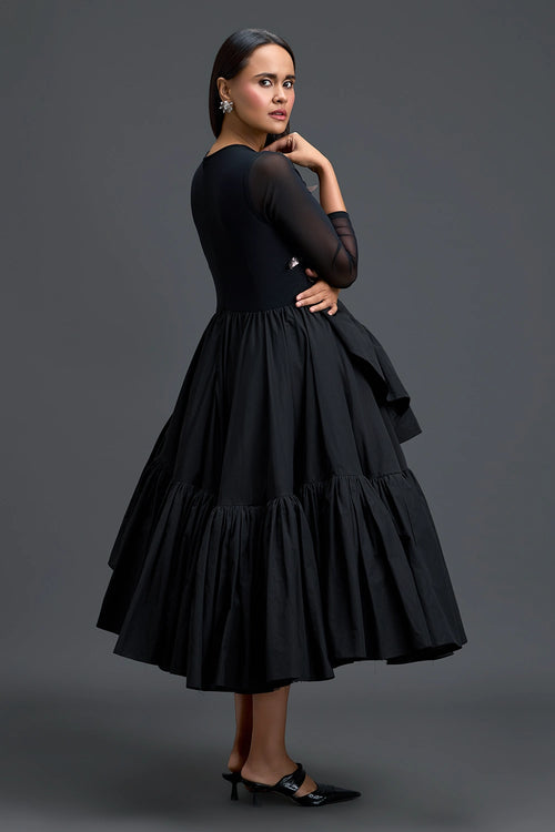 Black Sheer Metallic Leaf Tiered Dress